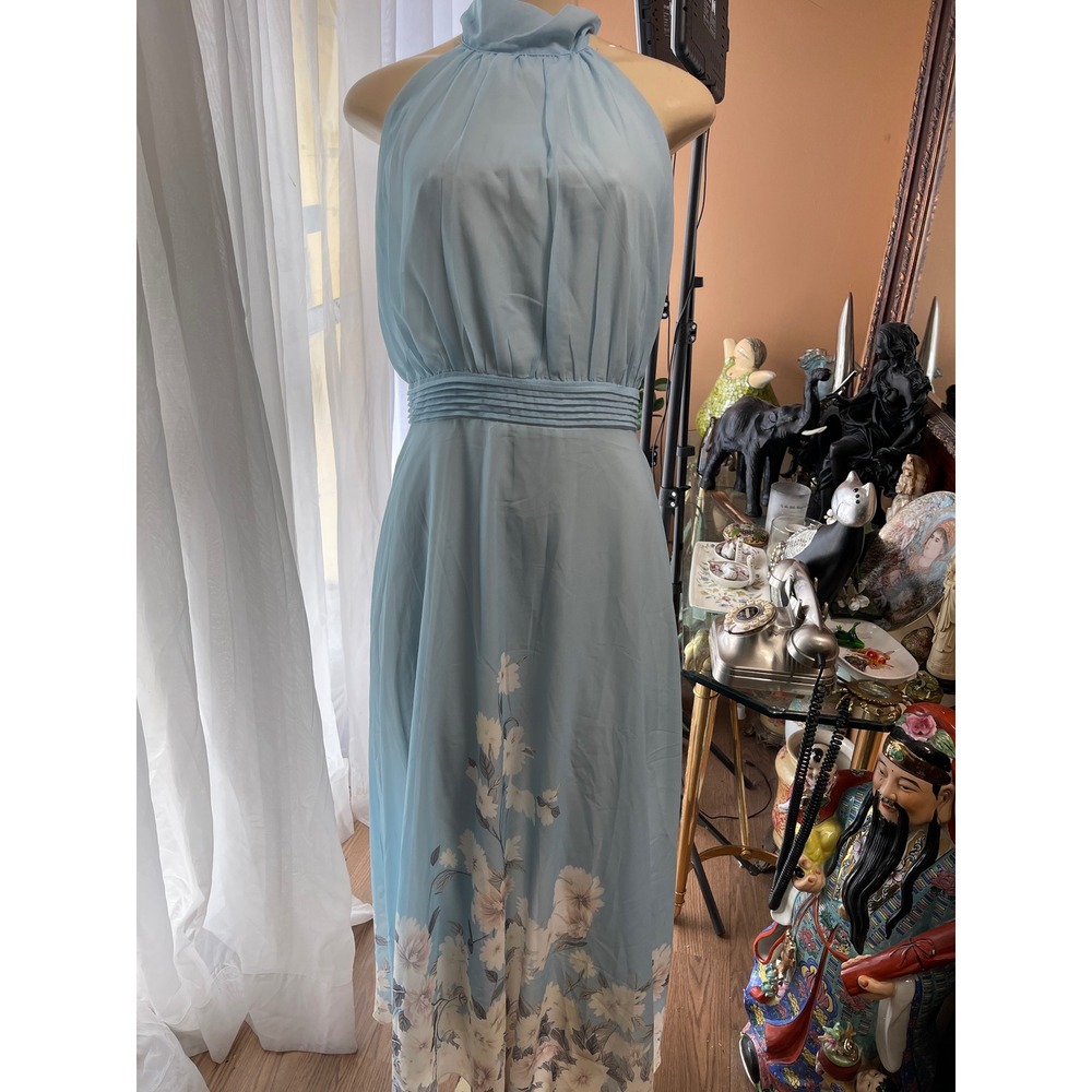 Vintage Style Light Blue Floral Halter Maxi Dress High Neck Tie Back Size M